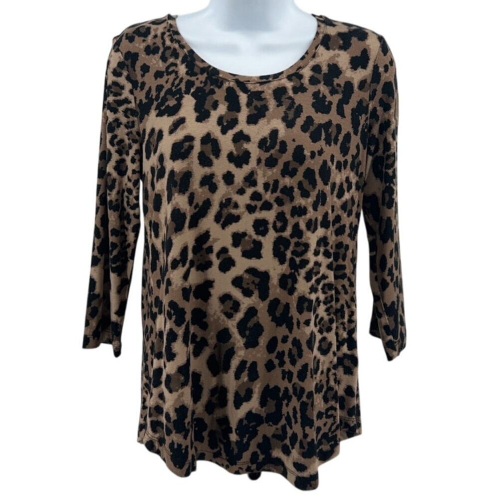 JM Collection Blouse WMNS S Brown Cheetah Print 3/4 Sleeve Stretch Y2K Glam Top